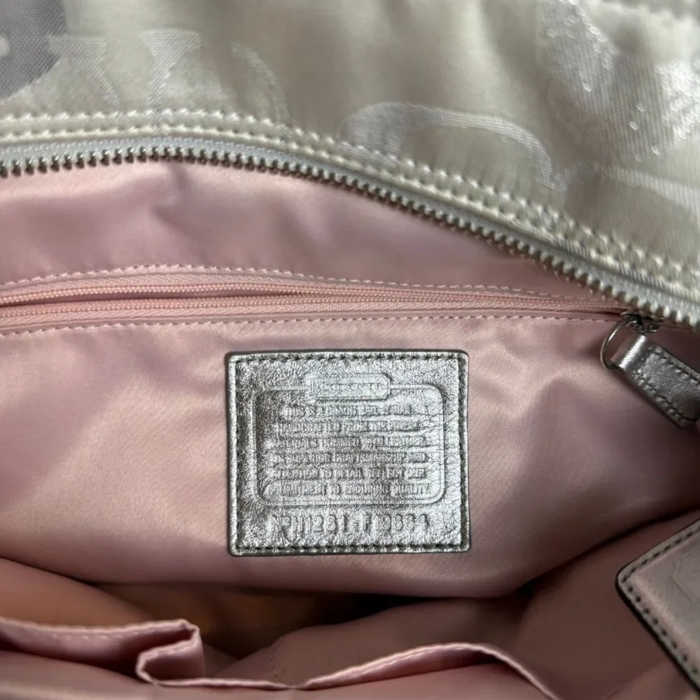 Coach Silver Metallic Signature Jacquard Tote Shoulder Bag Pink